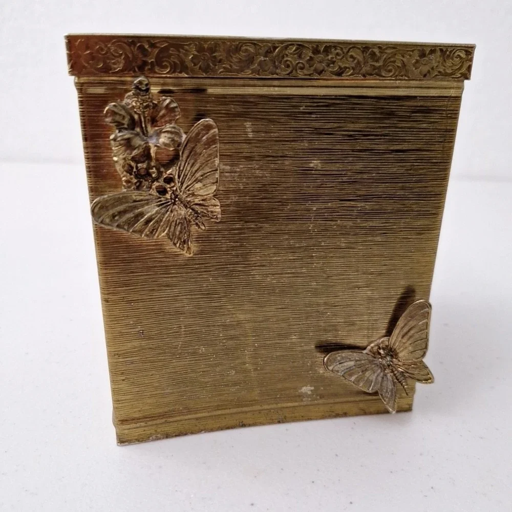 Antique Brass Butterfly Tissue Box Holder 3-D Butterflies & Flower, Heavy